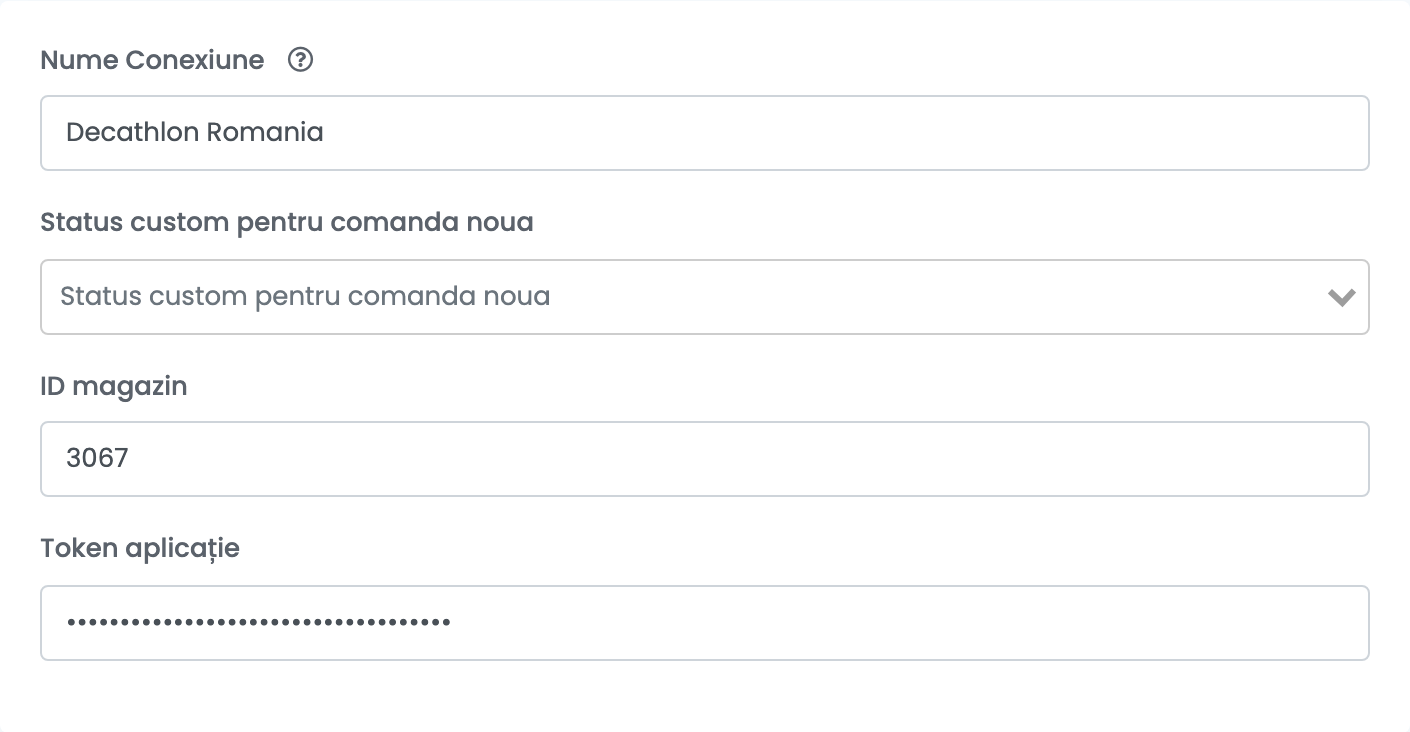 Primul pas al formularului Decathlon, cu Nume Conexiune, status personalizat pentru comandă nouă, Shop ID și App token.