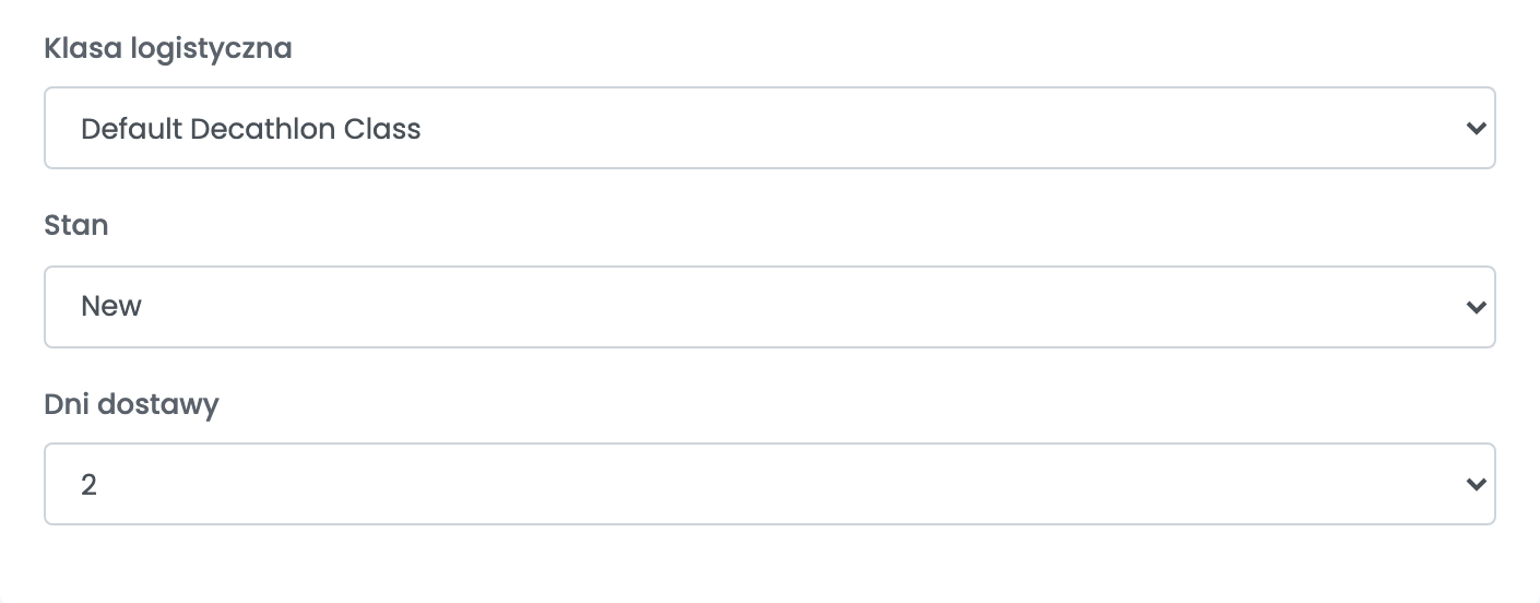Formularz Decathlonu z klasą logistyczną, stanem i dniami dostawy.