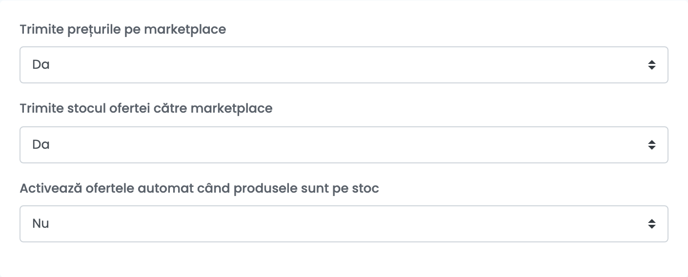 Tabul de setări suplimentare al conexiunii Decathlon, cu cele trei opțiuni de trimitere către marketplace.