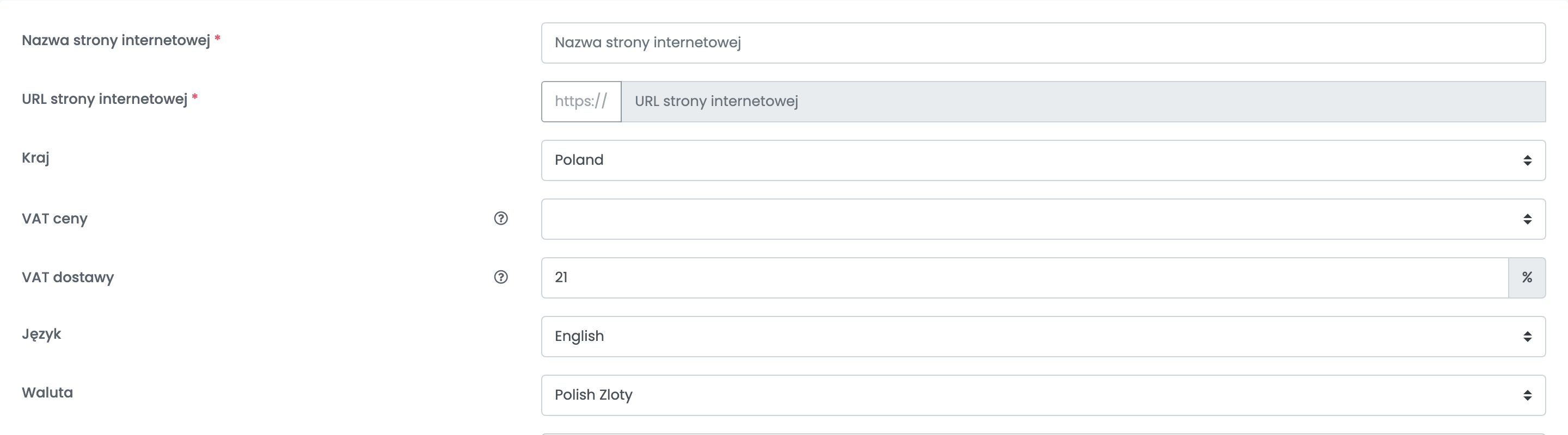 Góra formularza Shoprentera: nazwa strony, adres strony, kraj, VAT ceny, VAT dostawy, język i waluta.
