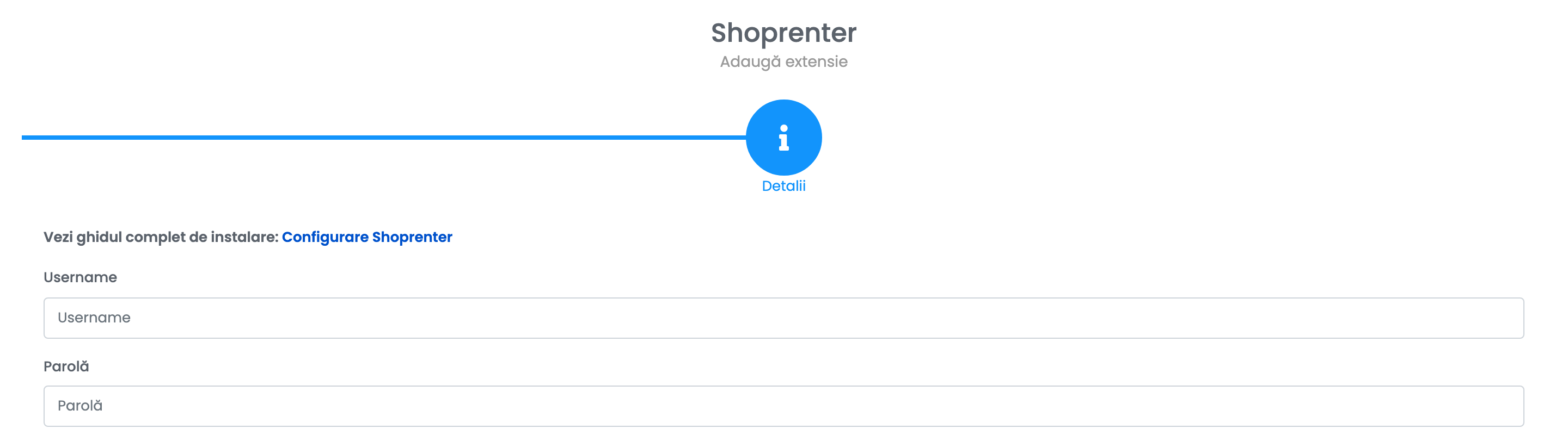 Pasul de detalii Shoprenter din formularul de conexiune, cu câmpurile nume utilizator și parolă.