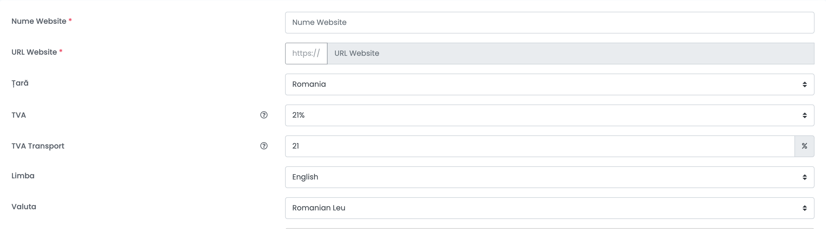 Partea de sus a formularului Shoprenter, cu nume website, URL website, țară, TVA preț, TVA transport, limbă și monedă.