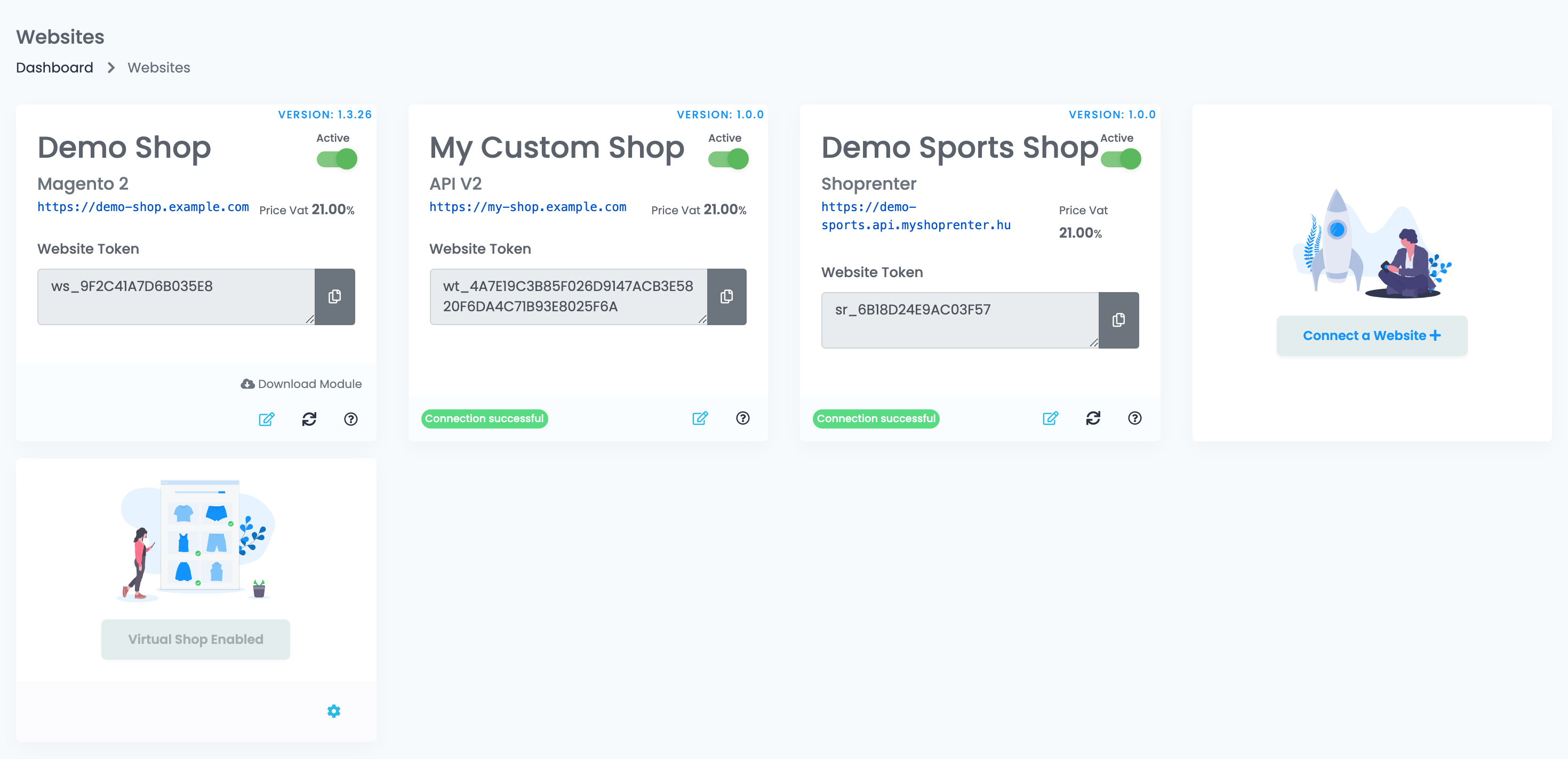 Die Website-Seite in easySales mit der Kachel des verbundenen Shoprenter-Shops, seiner API-Adresse, dem Website-Token und dem Hinweis auf eine erfolgreiche Verbindung.