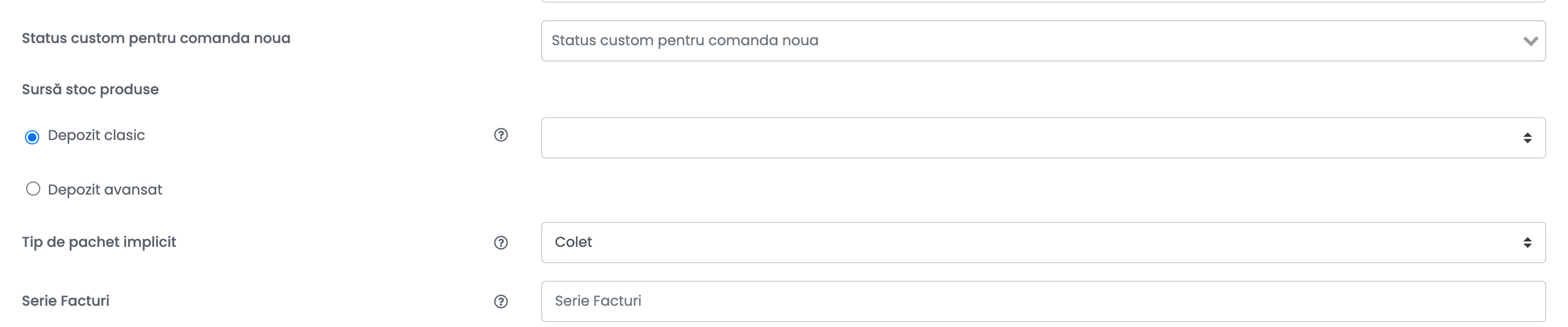 Formularul Shoprenter cu status personalizat pentru comandă nouă, sursa de inventar cu depozit clasic și avansat, tip implicit de colet și serie factură.
