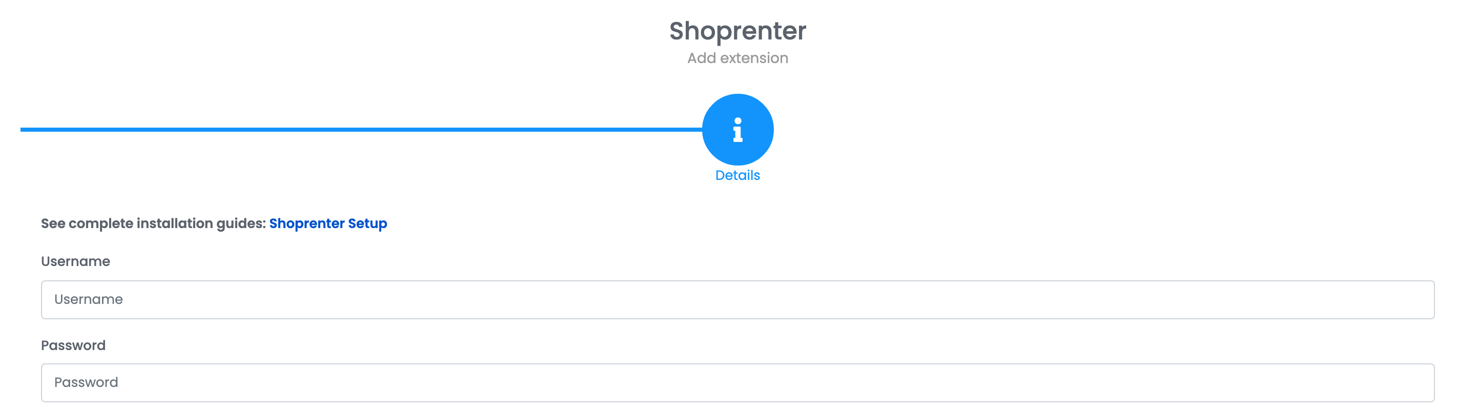 Der Shoprenter-Detailschritt des Verbindungsformulars mit den Feldern Benutzername und Passwort.