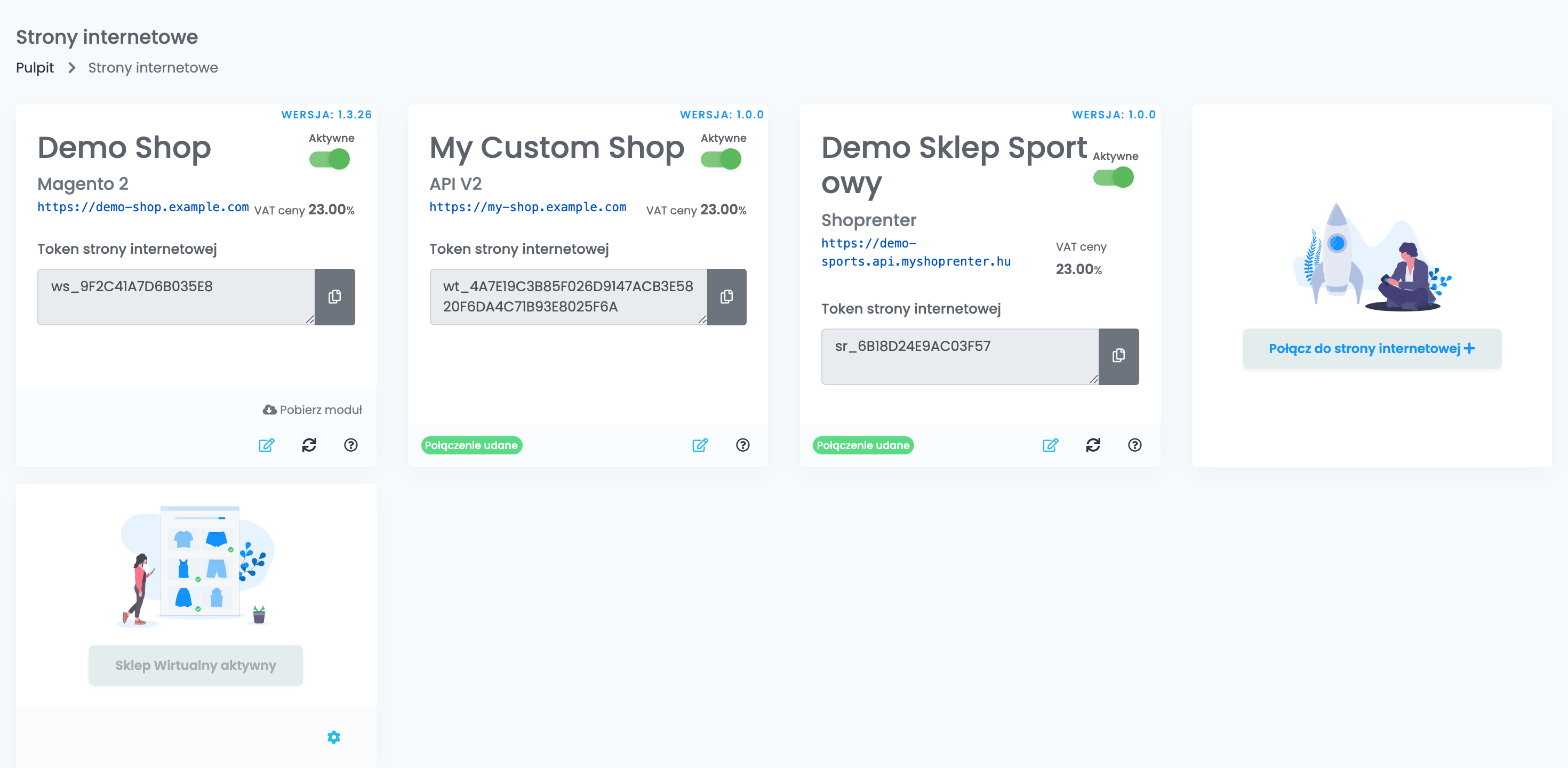 Strona Strony w easySales z kartą podłączonego sklepu Shoprenter: adres API, token strony i plakietka udanego połączenia.