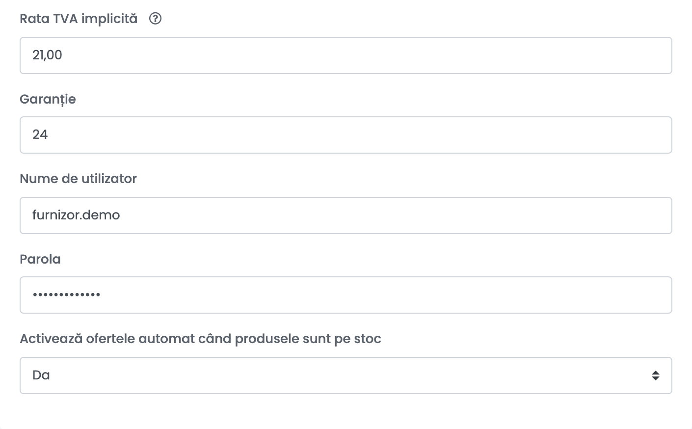 Restul formularului de conectare Flanco: Rata TVA implicită, Garanție, Nume de utilizator, Parola și Activează ofertele automat când produsele sunt pe stoc.