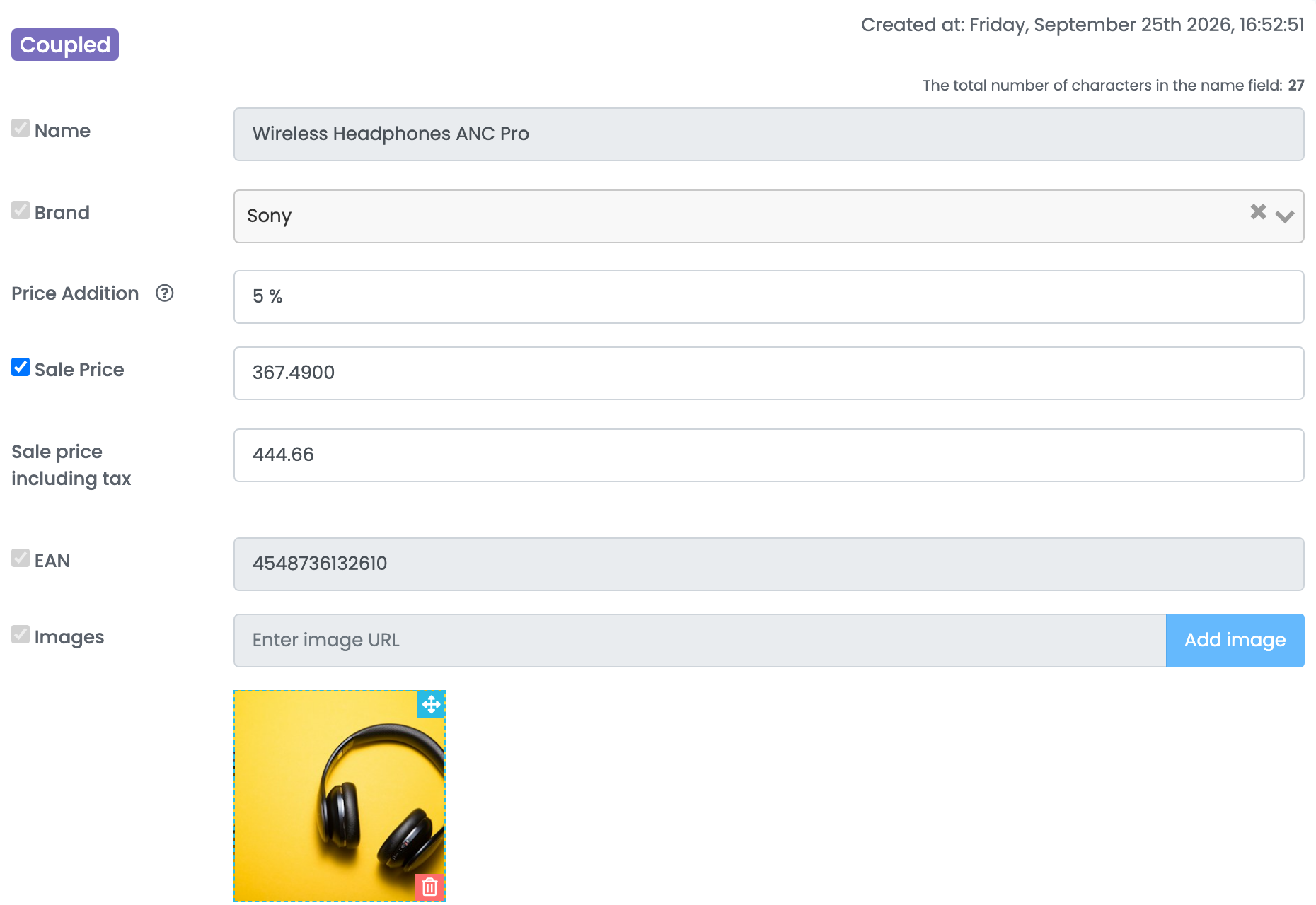 Der Bearbeitungsbildschirm eines Live-Angebots bei Flanco, mit gesperrten Feldern für Name, Marke, EAN und Bilder und bearbeitbaren Preisfeldern.