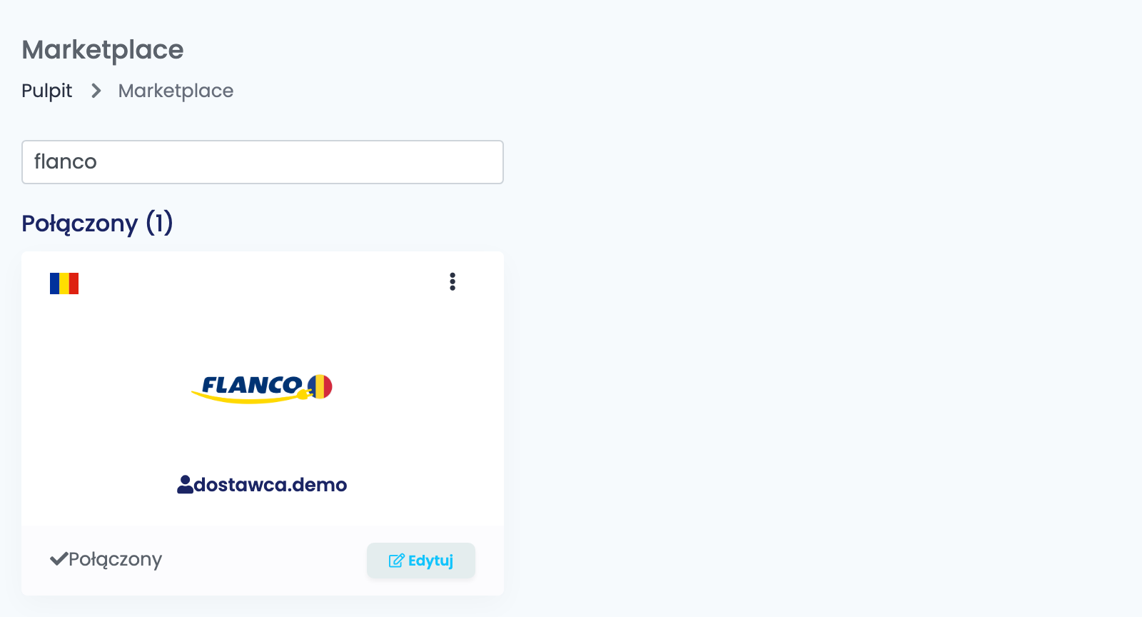 Strona Marketplace w easySales przefiltrowana do Flanco, z połączoną kartą Flanco, nazwą użytkownika i przyciskiem Edytuj.