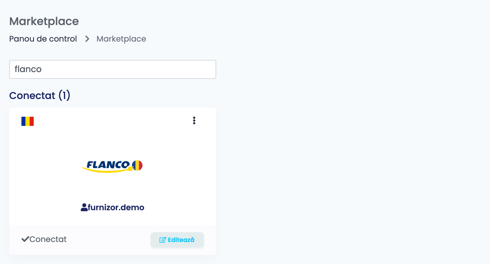 Pagina Marketplace din easySales filtrată după Flanco, cu cardul Flanco conectat, numele de utilizator și butonul Editează.