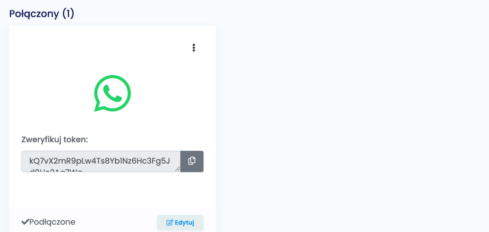 Strona Usługi SMS w easySales z połączoną kartą WhatsApp, polem Zweryfikuj token i przyciskiem kopiowania.