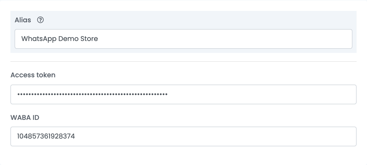 Das WhatsApp-Verbindungsformular in easySales mit den Feldern Alias, Zugriffstoken und WABA ID.