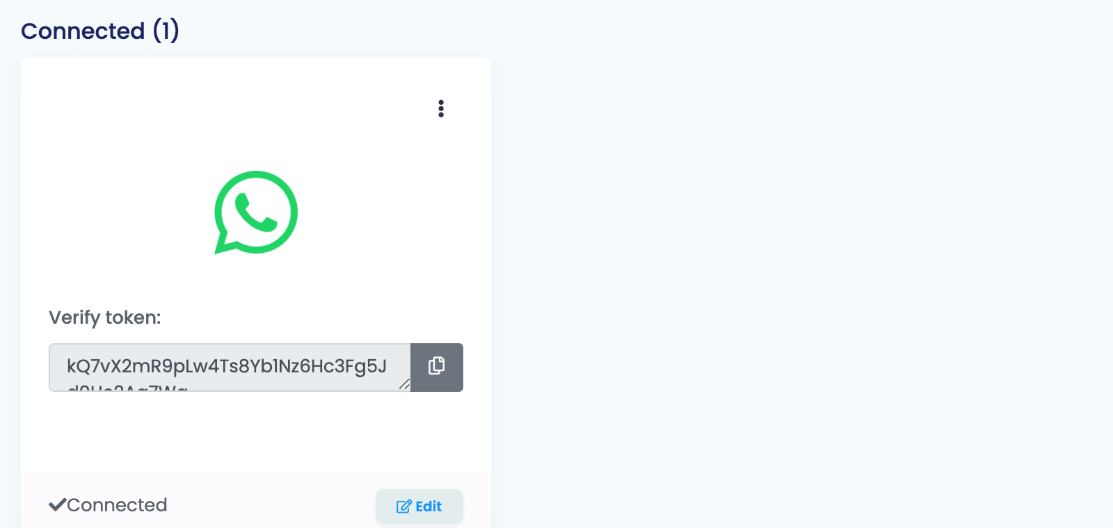 Die Seite SMS-Dienste in easySales mit der verbundenen WhatsApp-Karte, ihrem Token und der Kopierschaltfläche.