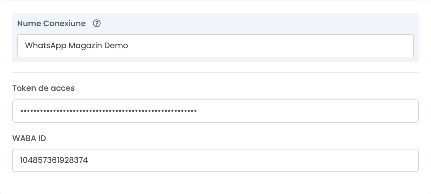 Formularul de conectare WhatsApp din easySales cu câmpurile Nume Conexiune, Token de acces și WABA ID.