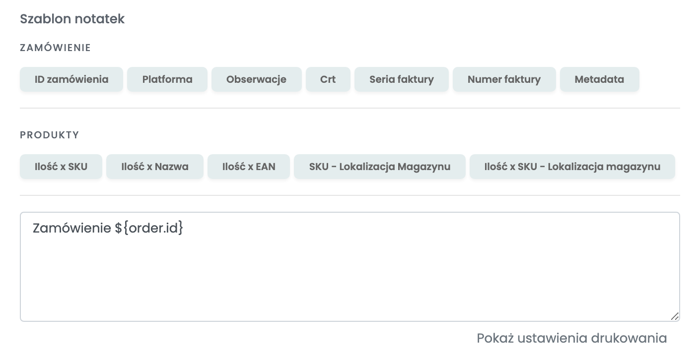 Szablon notatek połączenia Speedy w easySales, z przyciskami zmiennych zamówienia i produktów nad polem zawierającym Zamówienie ${order.id}.