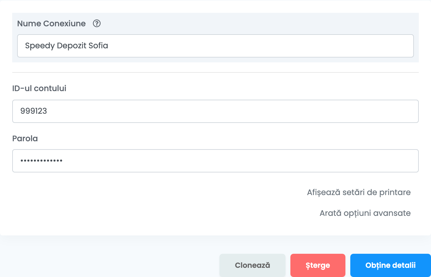Partea de sus a formularului de conectare Speedy din easySales, cu Nume Conexiune Speedy Depozit Sofia, ID-ul contului, Parola și butoanele Clonează, Șterge și Obține detalii.