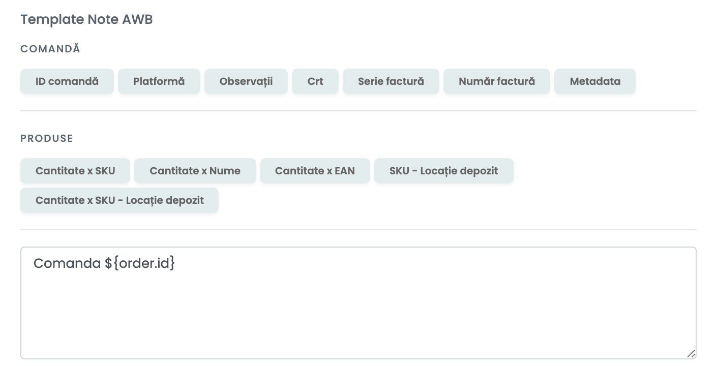 Template Note AWB al unei conexiuni Speedy din easySales, cu butoanele de variabile pentru comandă și produse deasupra unei casete care conține Comanda ${order.id}.