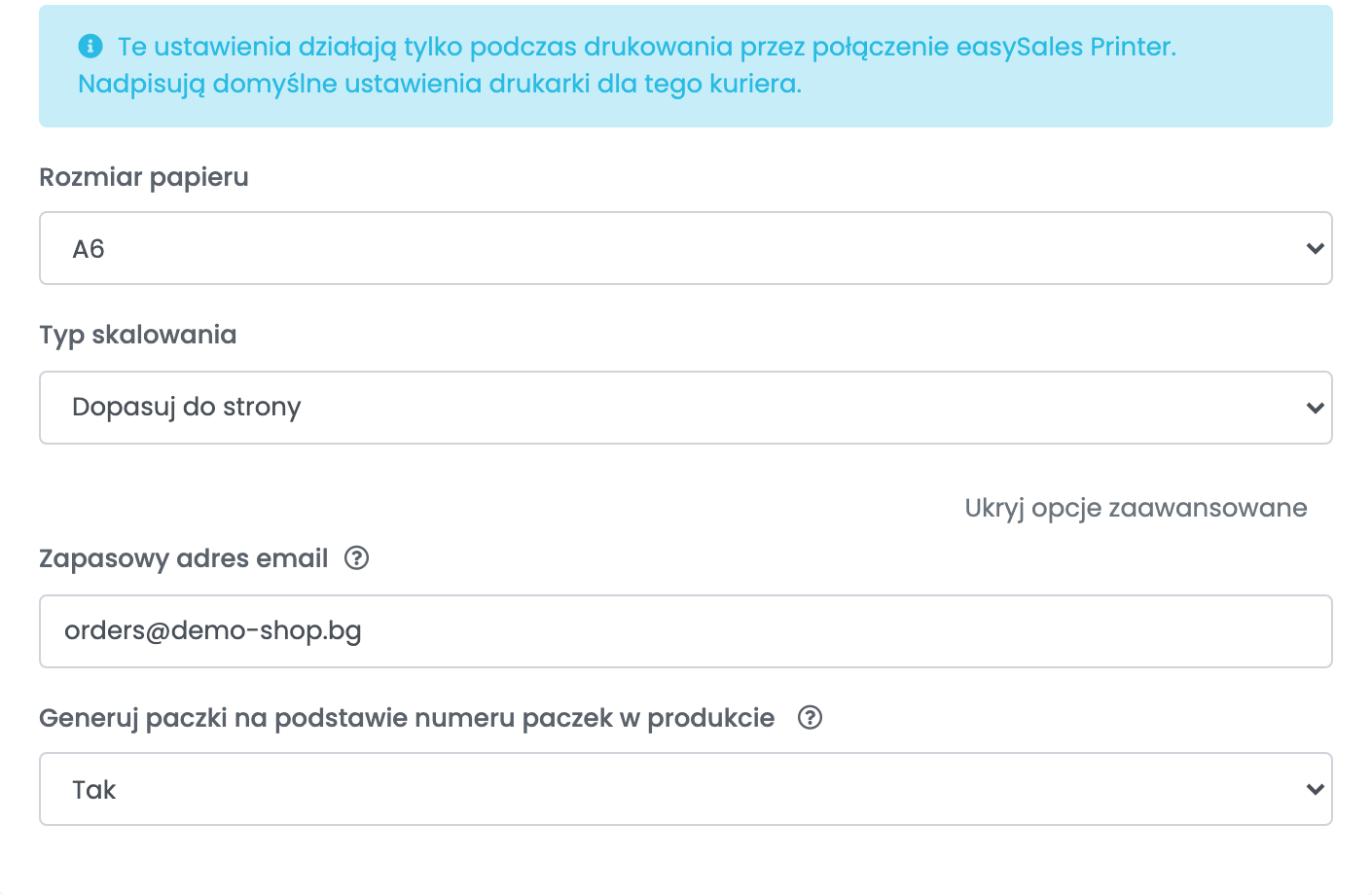 Rozwinięte ustawienia drukowania i opcje zaawansowane połączenia Speedy: rozmiar papieru, typ skalowania, Zapasowy adres email i Generuj paczki na podstawie numeru paczek w produkcie.