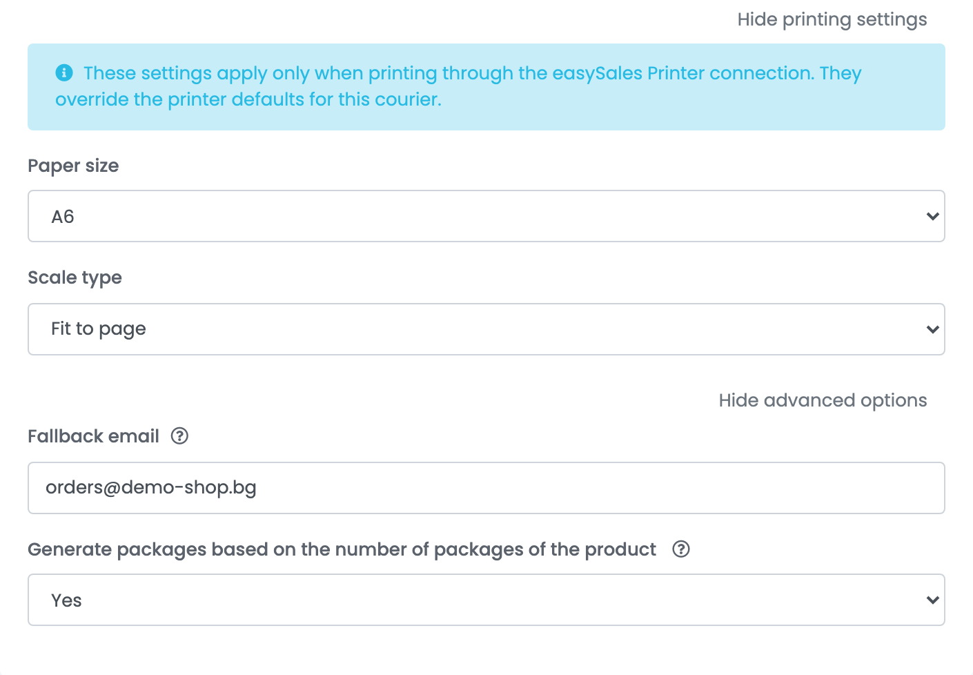 Die ausgeklappten Druckeinstellungen und erweiterten Optionen einer Speedy-Verbindung: Papierformat, Skalierungsart, Ausweich-E-Mail-Adresse und die Paketerzeugung nach der Paketanzahl des Produkts.