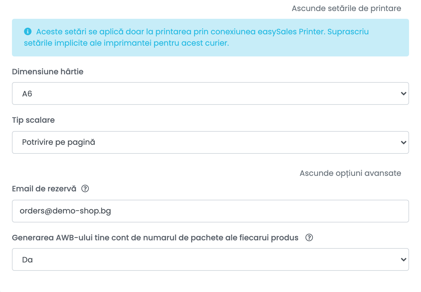 Setările de printare și opțiunile avansate desfășurate ale unei conexiuni Speedy: formatul hârtiei, tipul de scalare, Email de rezervă și Generarea AWB-ului tine cont de numarul de pachete ale fiecarui produs.