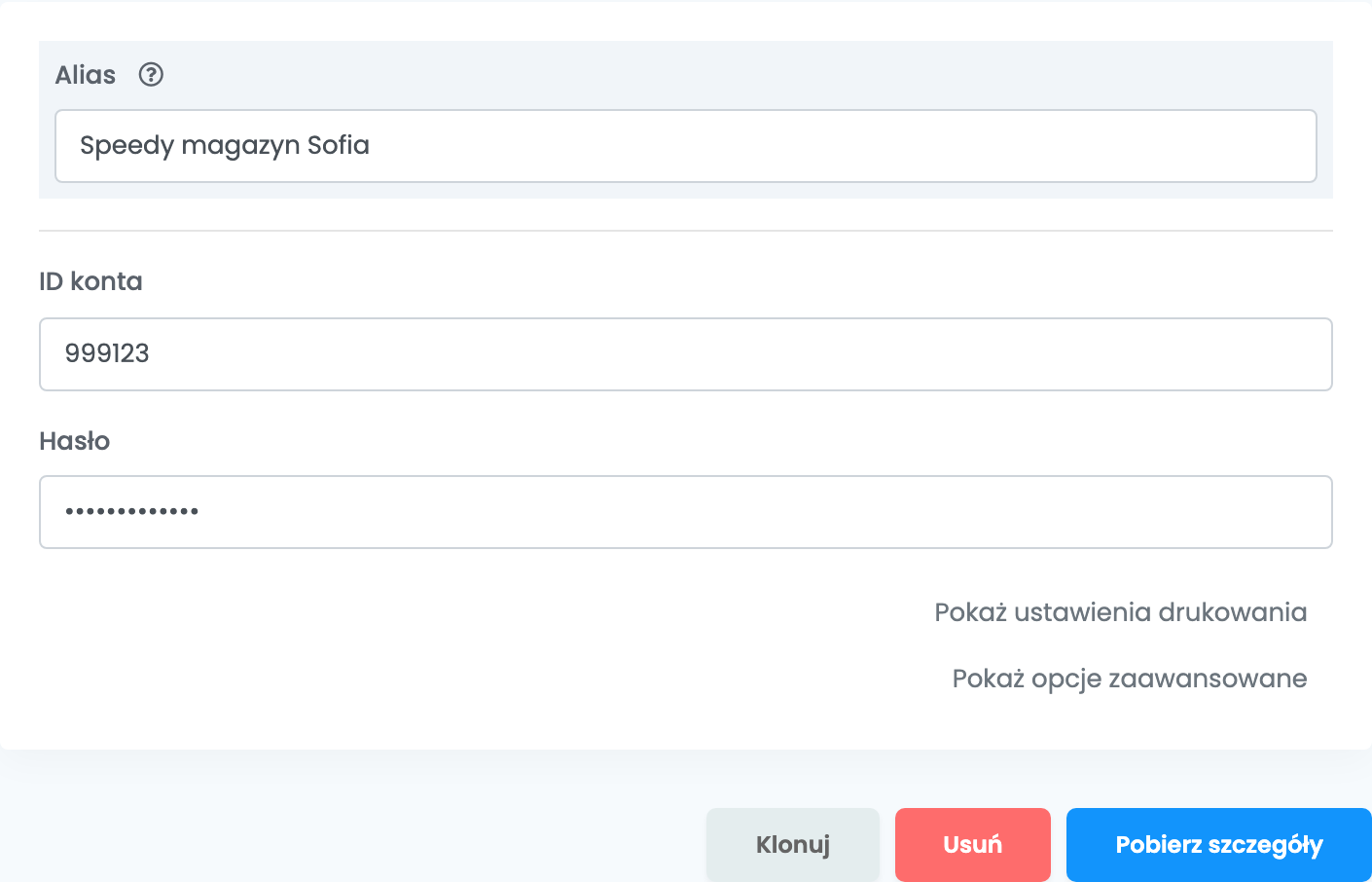 Górna część formularza połączenia Speedy w easySales: Alias Speedy magazyn Sofia, ID konta, Hasło oraz przyciski Klonuj, Usuń i Pobierz szczegóły.