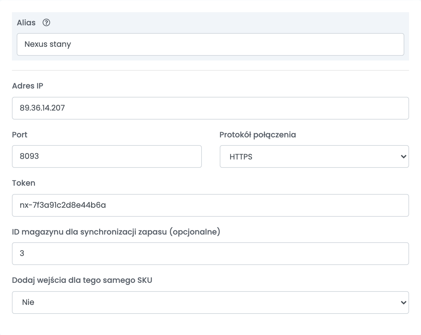Formularz źródła zapasu Nexus w easySales z polami Alias „Nexus stany”, Adres IP, Port, Protokół połączenia, Token, ID magazynu dla synchronizacji zapasu i Dodaj wejścia dla tego samego SKU.