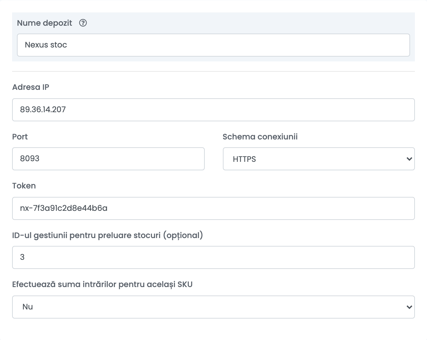 Formularul sursei de stoc Nexus din easySales, cu Nume depozit „Nexus stoc”, Adresa IP, Port, Schema conexiunii, Token, ID-ul gestiunii pentru preluare stocuri și Efectuează suma intrărilor pentru același SKU.