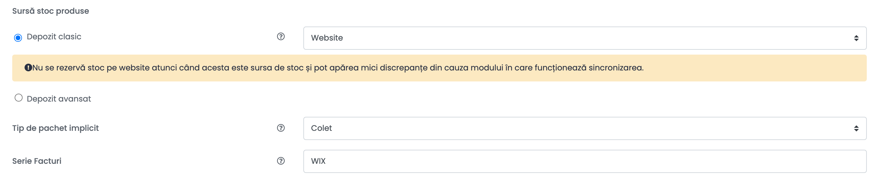 Sursa de stoc a unui magazin Wix setată pe Depozit clasic cu Website ca sursă, avertismentul că nu se rezervă stoc pe website, Tip de pachet implicit și Serie Facturi.