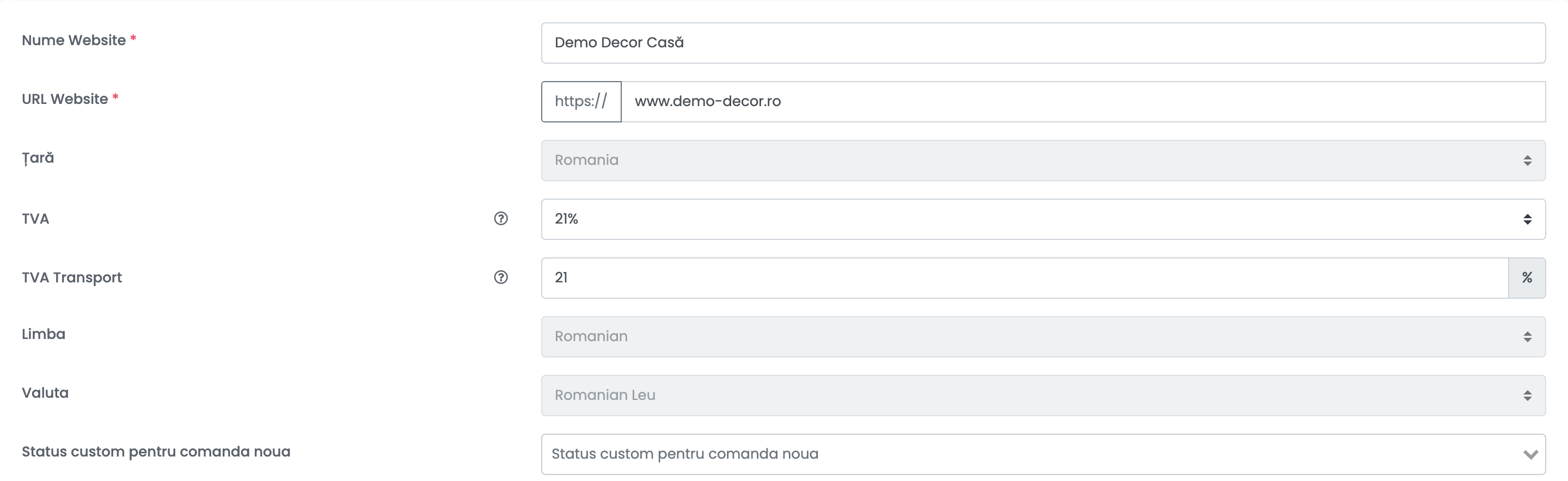 Partea de sus a formularului de magazin din easySales, cu Nume Website, URL Website, Țară, TVA, TVA Transport, Limba, Valuta și Status custom pentru comanda noua.