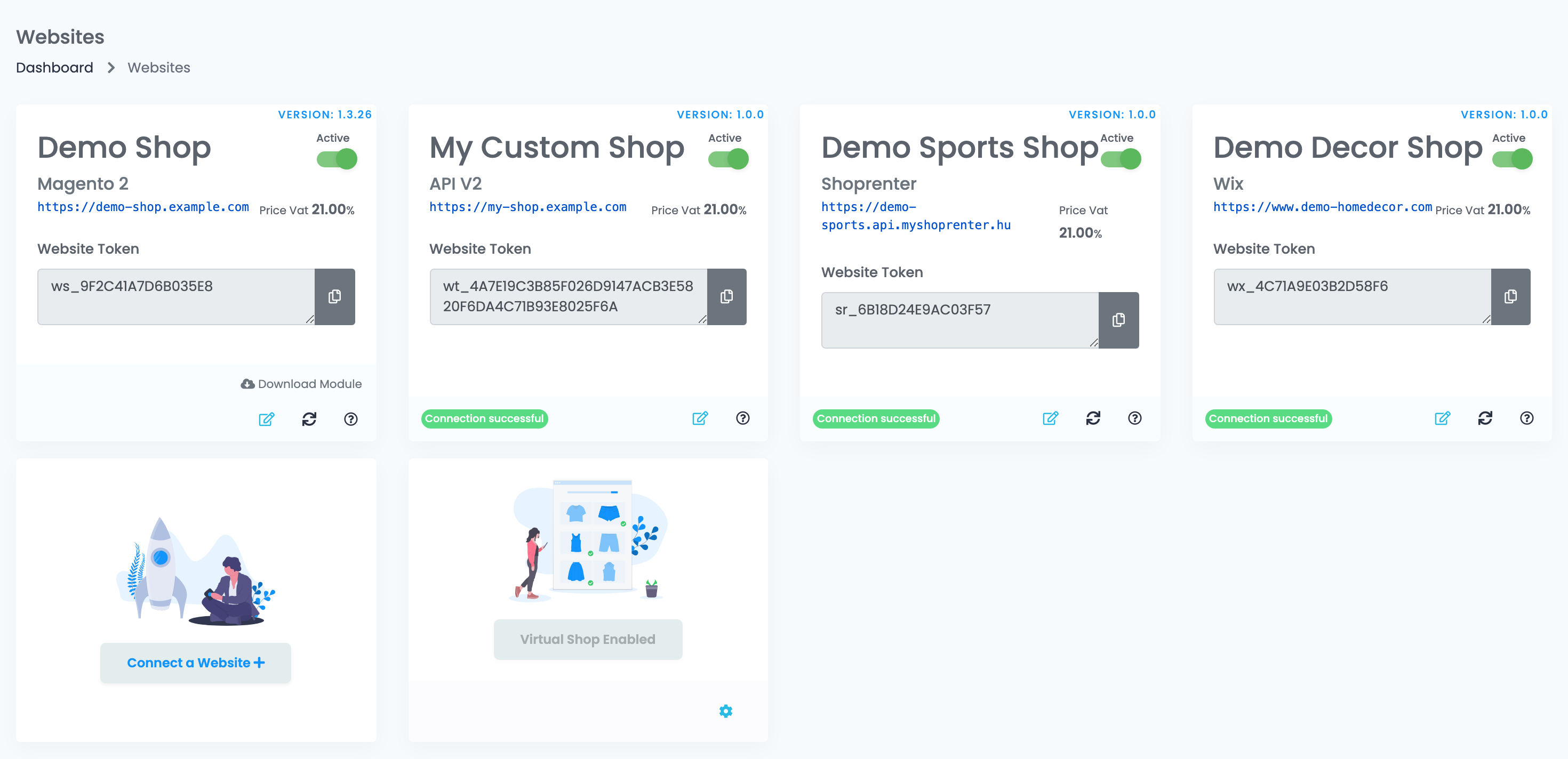 Die Website-Übersicht in easySales mit den Kacheln der verbundenen Shops, darunter ein Wix-Shop, und der Schaltfläche zum Verbinden einer Website.