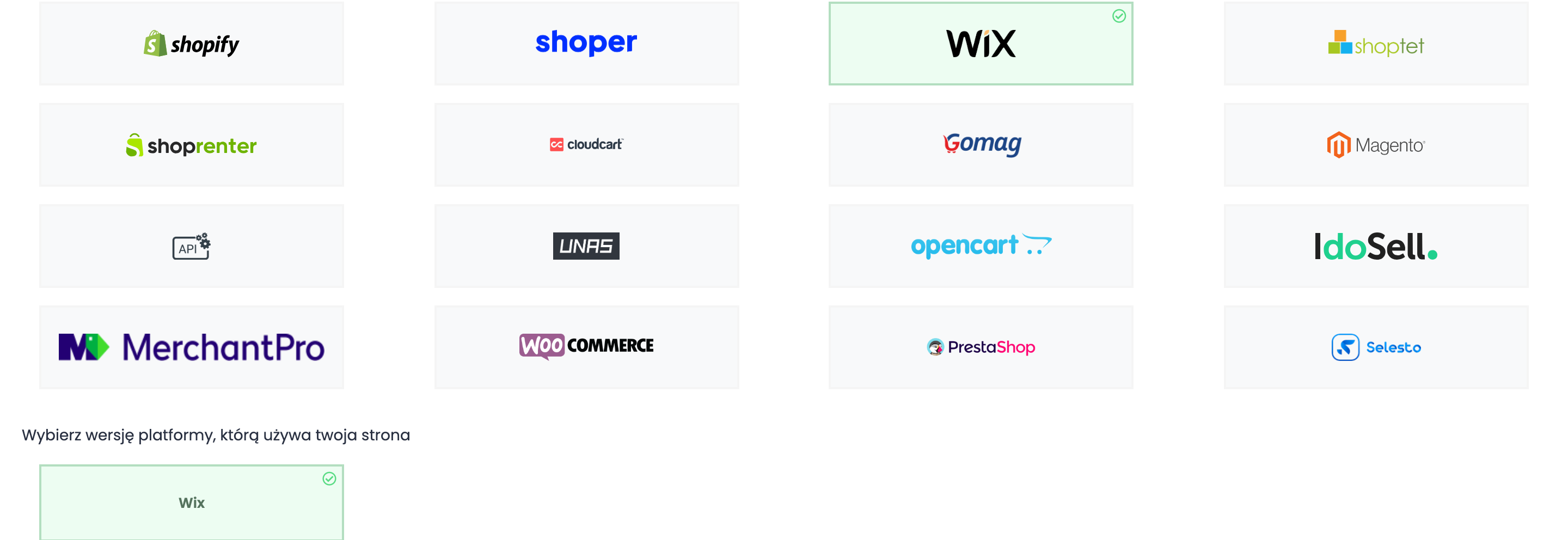 Kafelki platform w easySales z zaznaczonym WIX i zaznaczoną wersją Wix pod Wybierz wersję platformy, którą używa twoja strona.