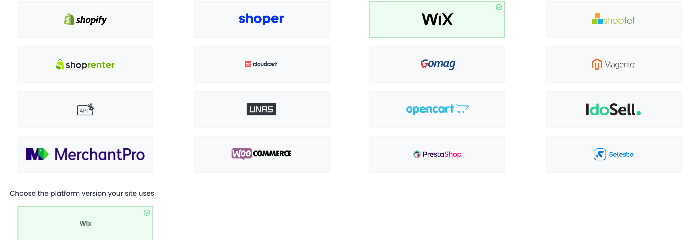 Die Plattform-Kacheln in easySales mit ausgewähltem WIX und darunter ausgewählter Version Wix.