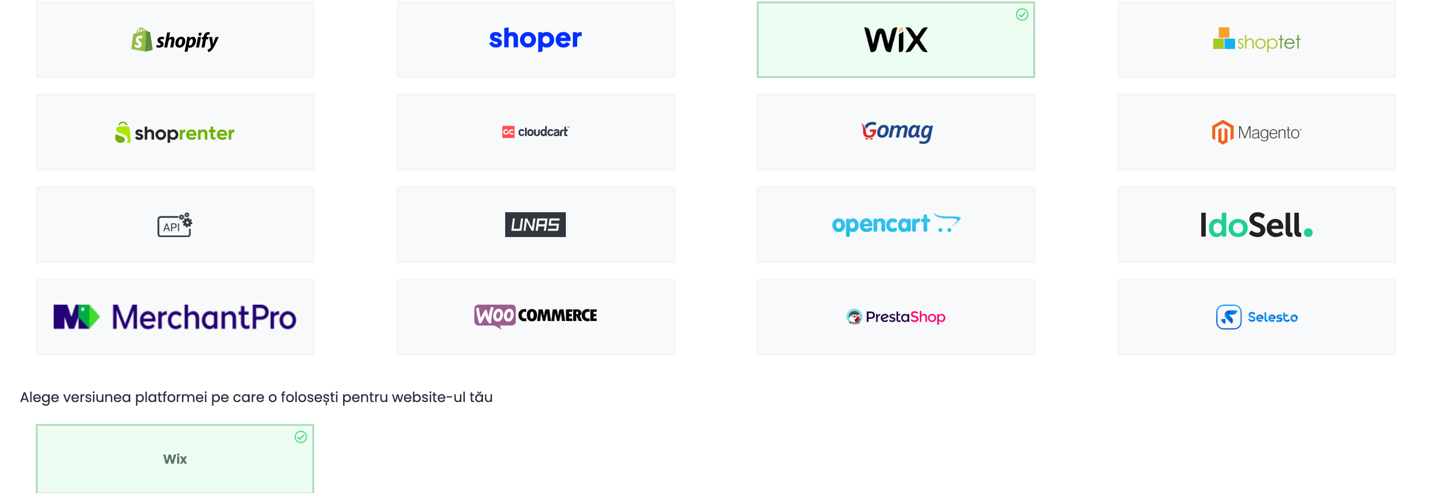 Tile-urile platformelor din easySales cu WIX selectat și versiunea Wix selectată sub Alege versiunea platformei pe care o folosești pentru website-ul tău.
