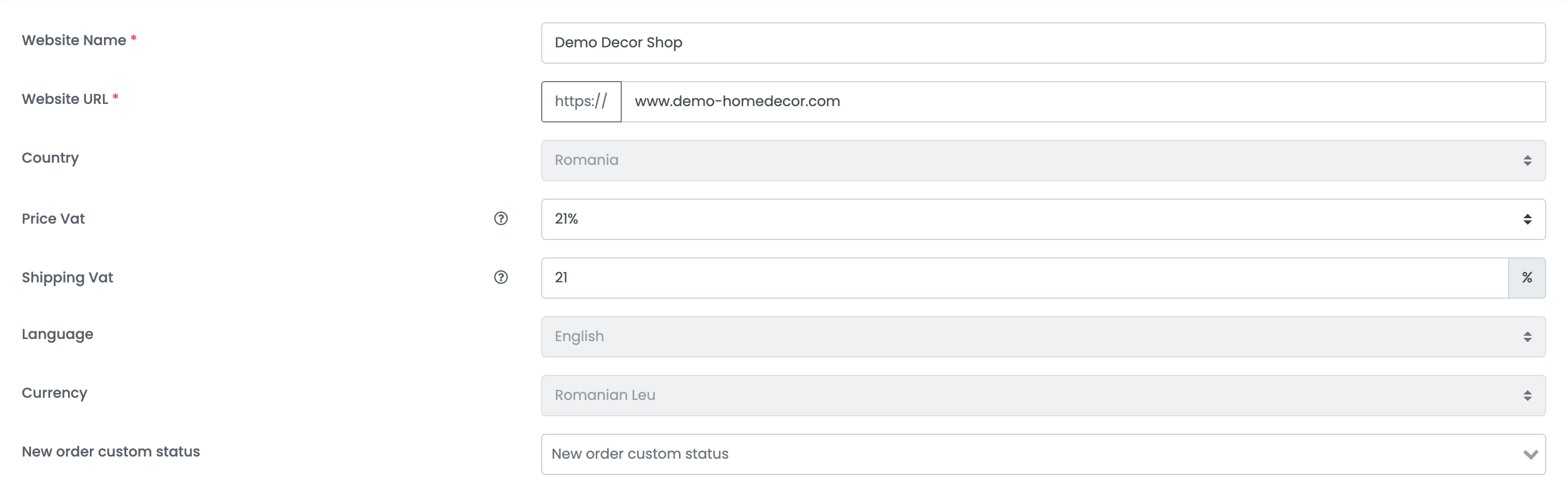 Der obere Teil des Shop-Formulars in easySales mit den Feldern für Name, Adresse, Land, Mehrwertsteuer auf Preise und Versand, Sprache, Währung und einen eigenen Status für neue Bestellungen.