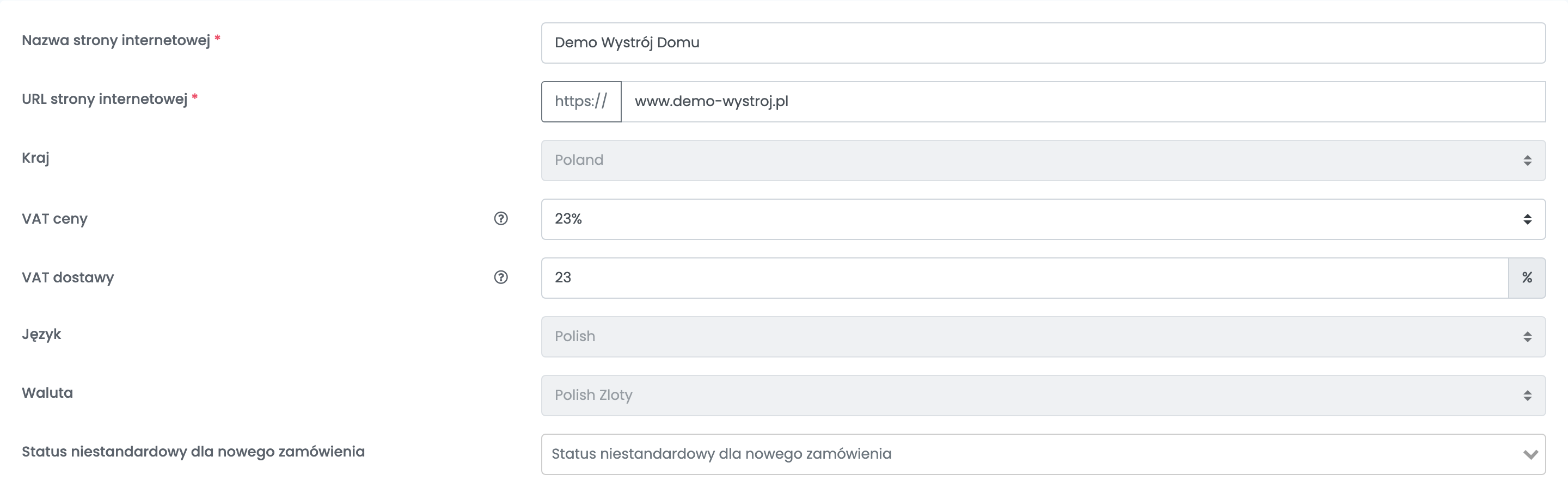 Górna część formularza sklepu w easySales z polami Nazwa strony internetowej, URL strony internetowej, Kraj, VAT ceny, VAT dostawy, Język, Waluta i Status niestandardowy dla nowego zamówienia.
