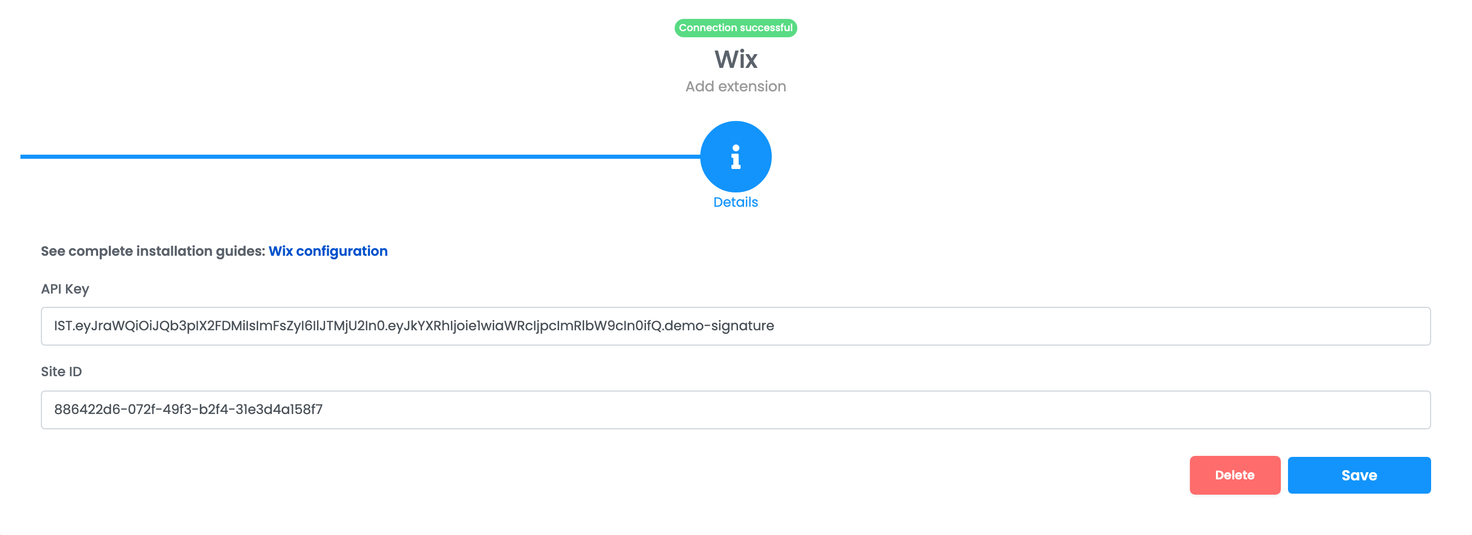 Der Detailschritt einer Wix-Verbindung mit einem Hinweis auf die erfolgreiche Verbindung und ausgefüllten Feldern für API-Schlüssel und Site-ID.