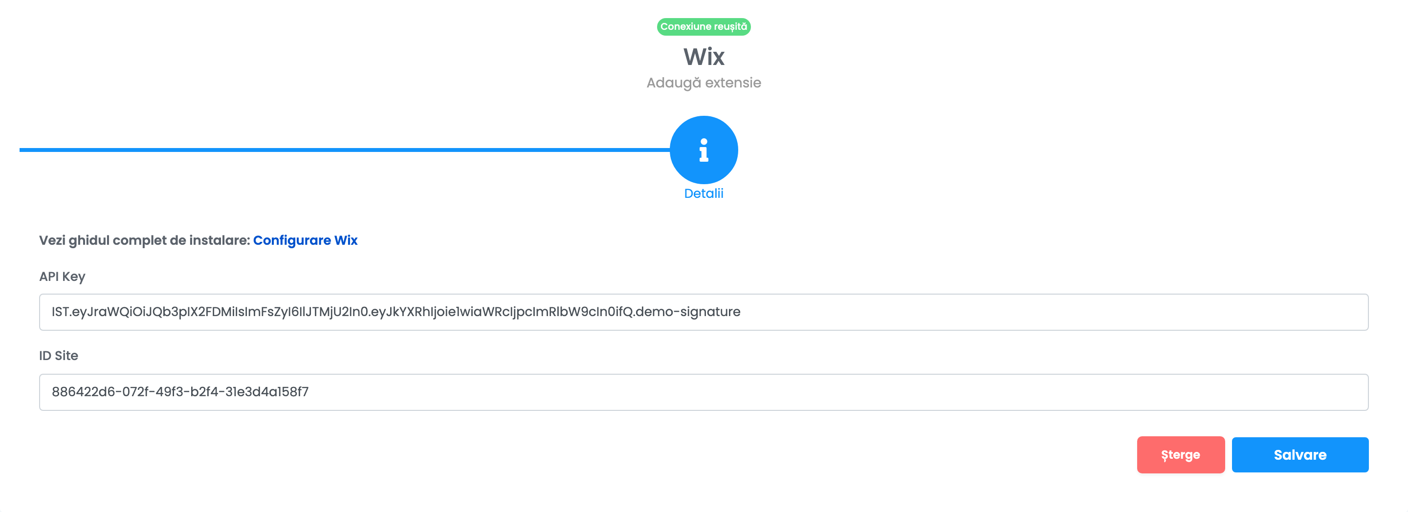 Pasul Detalii al unei conexiuni Wix, cu eticheta Conexiune reușită și câmpurile API Key și ID Site completate.