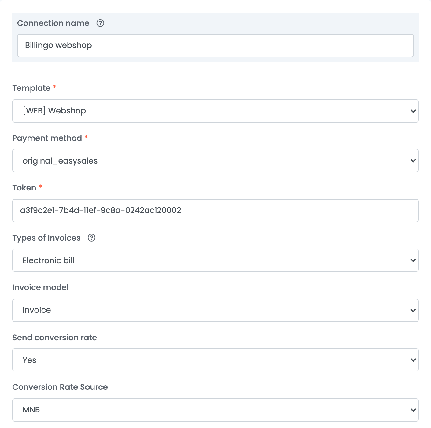 Eine gespeicherte Billingo-Verbindung in easySales mit Verbindungsname, dem Dokumentblock unter Vorlage, Zahlungsmethode, Token, Rechnungstypen, Rechnungsmodell, Wechselkurs senden und Wechselkursquelle.