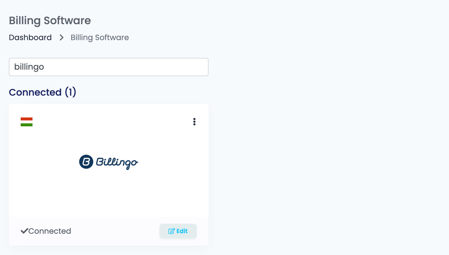 Die Seite Rechnungssoftware in easySales, nach Billingo gefiltert, mit der verbundenen Billingo-Karte.