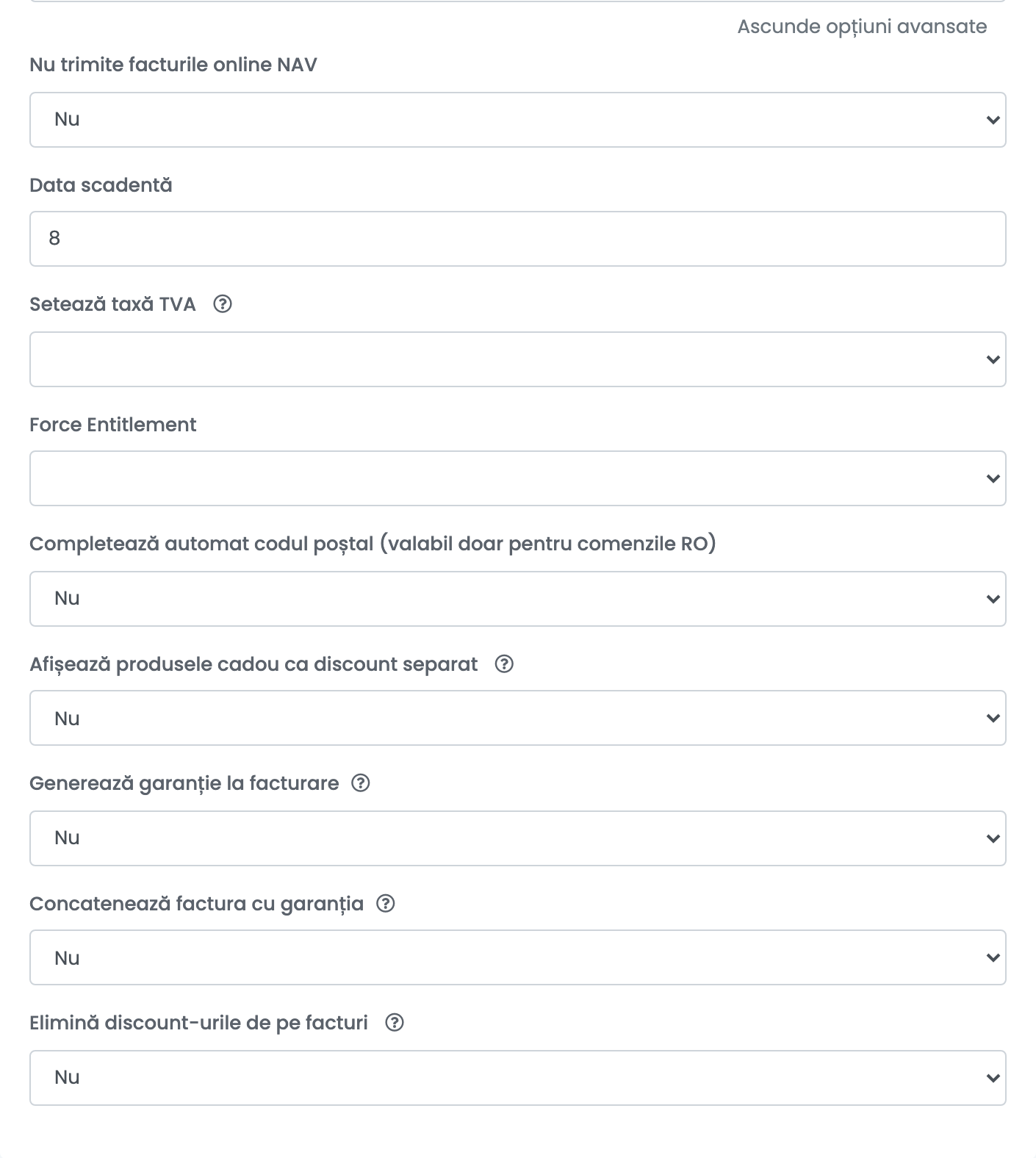Opțiunile avansate ale conexiunii Billingo: Nu trimite facturile online NAV, Data scadentă, Setează taxă TVA, Force Entitlement, Completează automat codul poștal, produse cadou, garanție și discounturi.