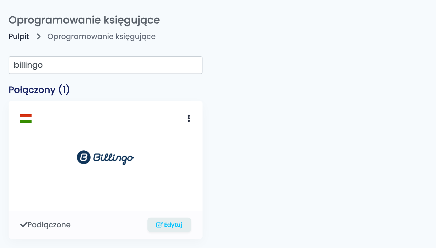 Strona Oprogramowanie księgujące w easySales, przefiltrowana do Billingo, z podłączoną kartą Billingo.