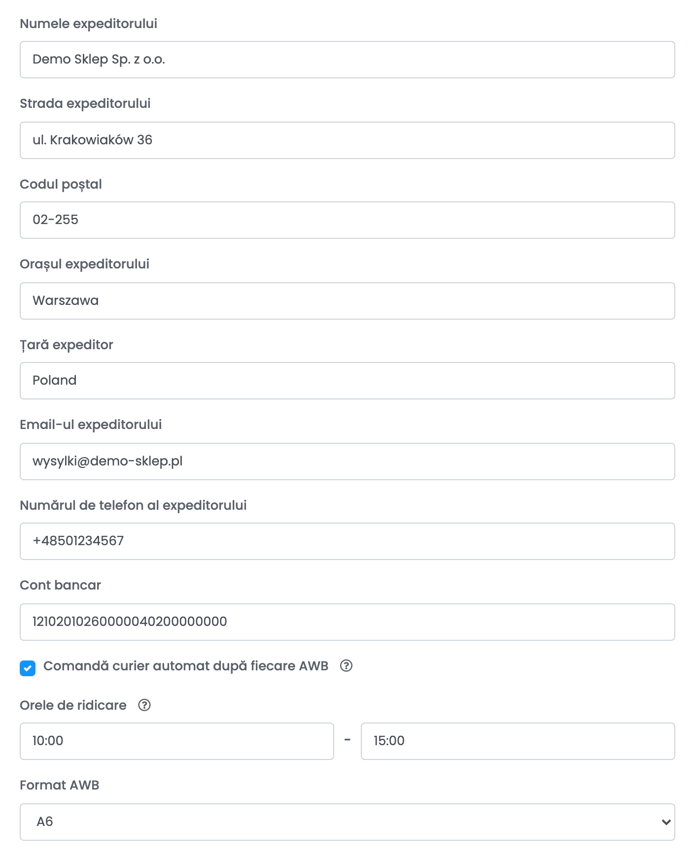 Secțiunea expeditorului unei conexiuni Apaczka, cu o adresă din Warszawa, contul bancar, ridicarea automată cu curierul, orele de ridicare și formatul AWB.