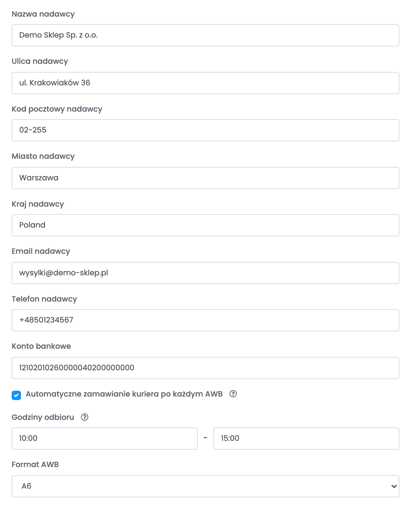 Sekcja nadawcy połączenia z Apaczką z adresem w Warszawie, kontem bankowym, automatycznym zamawianiem kuriera, godzinami odbioru i formatem AWB.