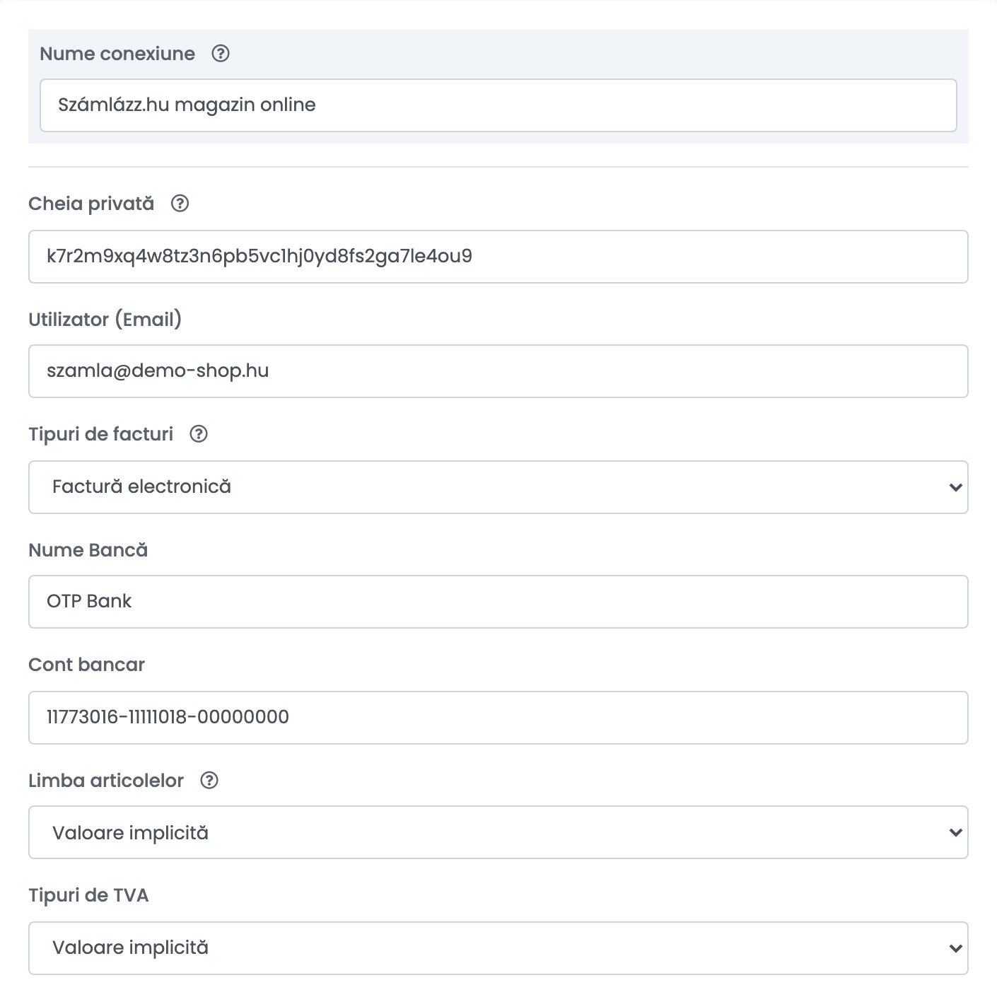O conexiune Számlázz.hu în easySales: Nume conexiune, Cheia privată, Utilizator (Email), Tipuri de facturi, Nume Bancă, Cont bancar, Limba articolelor și Tipuri de TVA.