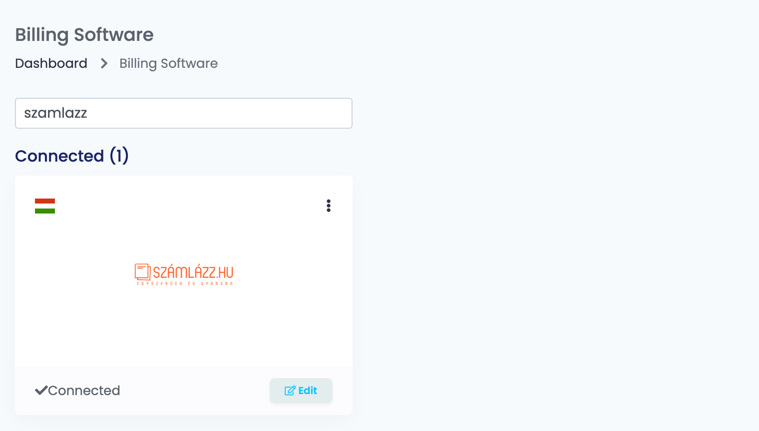 Die Seite Rechnungssoftware in easySales, gefiltert nach Számlázz.hu, mit der verbundenen Számlázz.hu-Karte.
