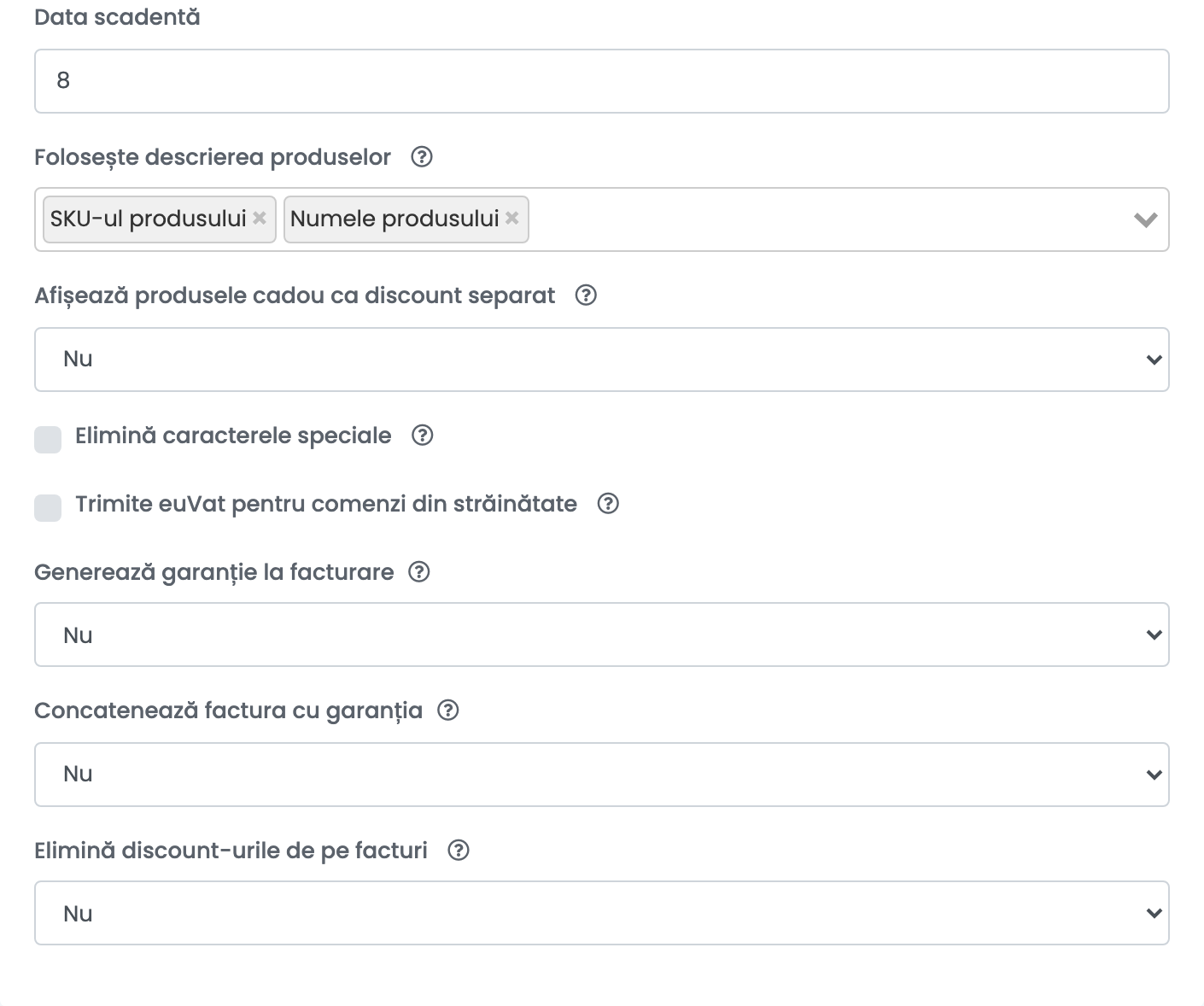 Opțiunile avansate ale unei conexiuni Számlázz.hu: Data scadentă, Folosește descrierea produselor cu SKU-ul produsului și Numele produsului, caractere speciale, euVat, garanție și discounturi.