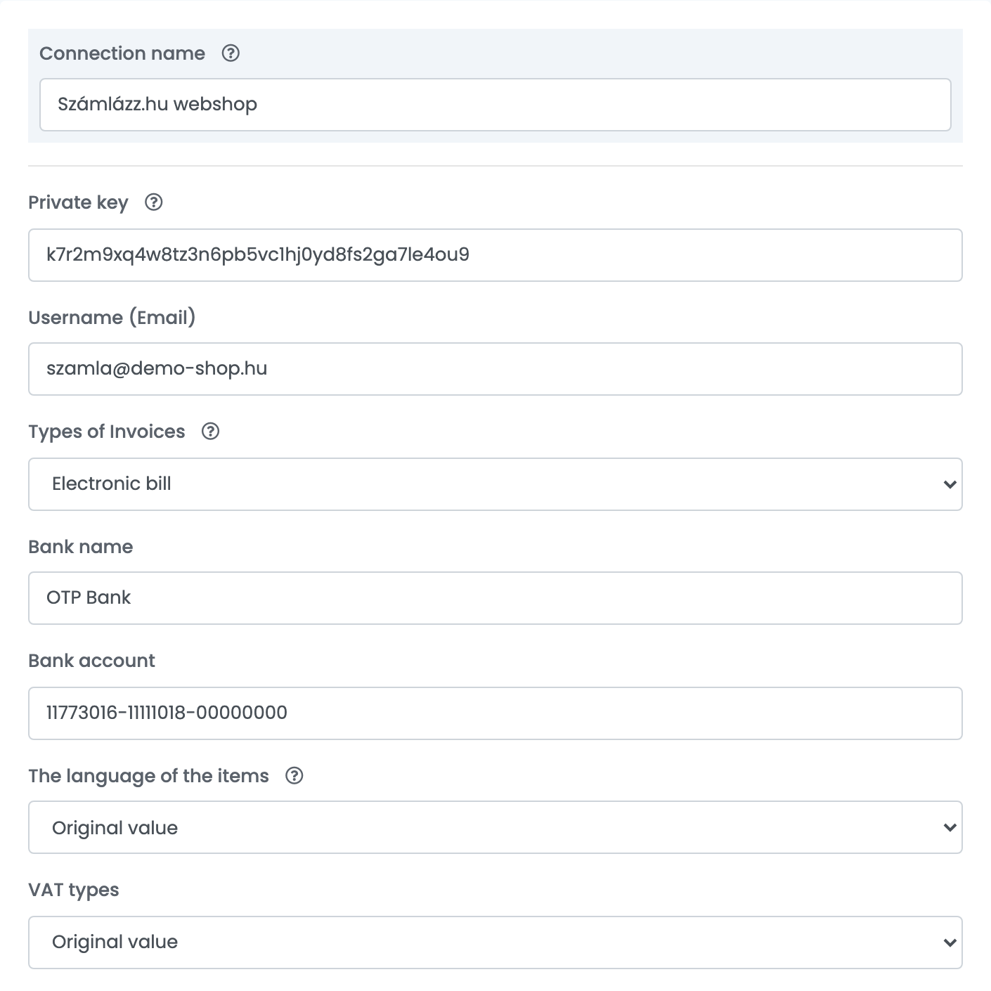 Eine Számlázz.hu-Verbindung in easySales: Verbindungsname, Privater Schlüssel, Benutzername (E-Mail), Rechnungstypen, Name der Bank, Bankkonto, Die Sprache der Positionen und USt.-Arten.