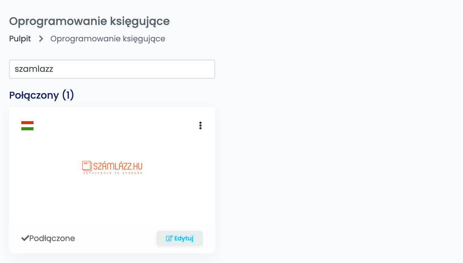 Strona Oprogramowanie księgujące w easySales, przefiltrowana do Számlázz.hu, z podłączoną kartą Számlázz.hu.