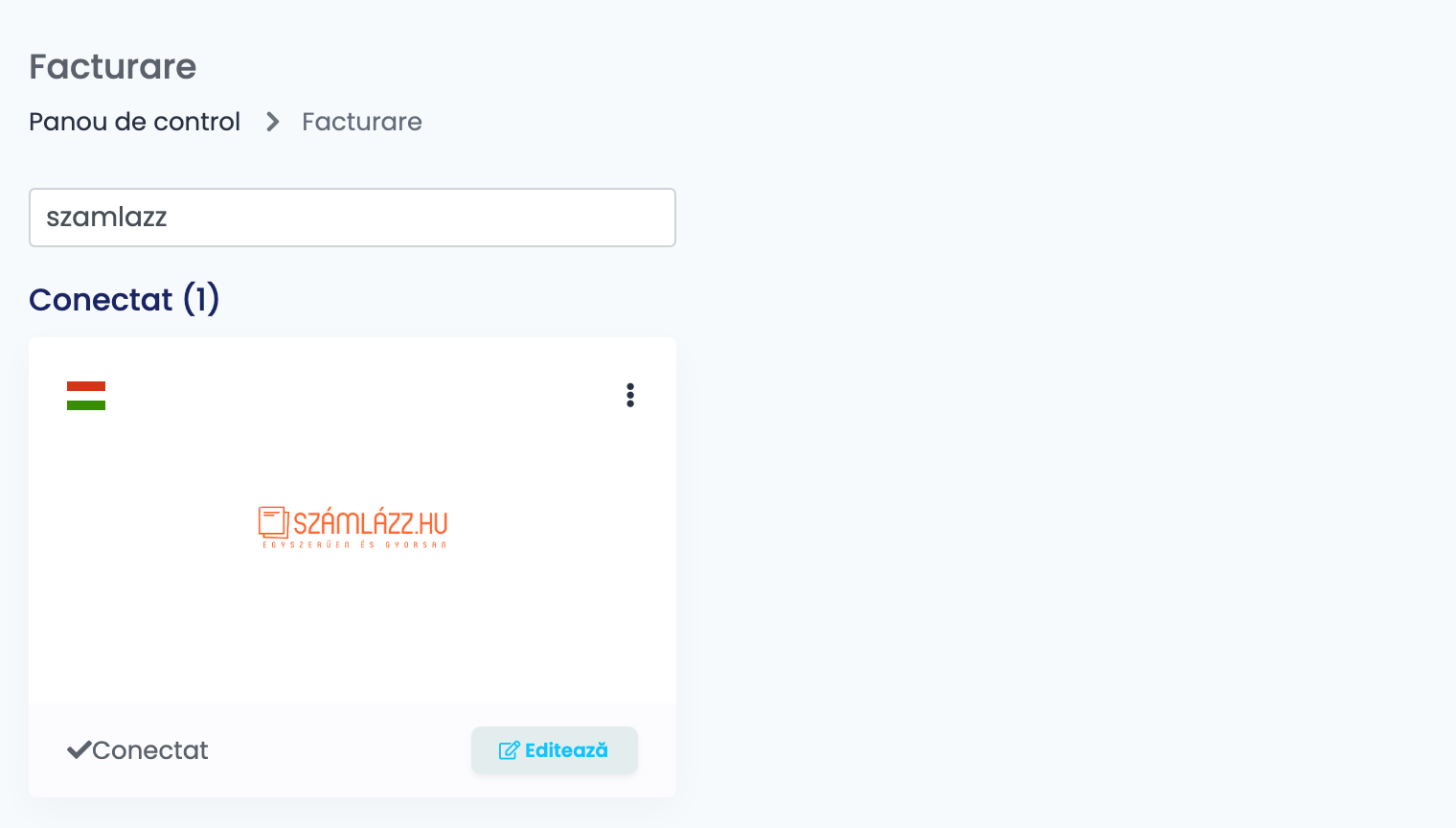 Pagina Facturare din easySales, filtrată după Számlázz.hu, cu cardul Számlázz.hu conectat.