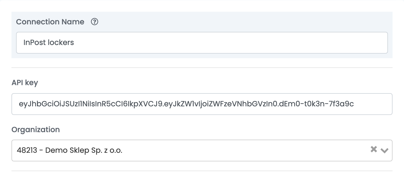 Der obere Teil einer InPost-Verbindung in easySales: Verbindungsname, API-Schlüssel und die nach Details abrufen gewählte Organisation.